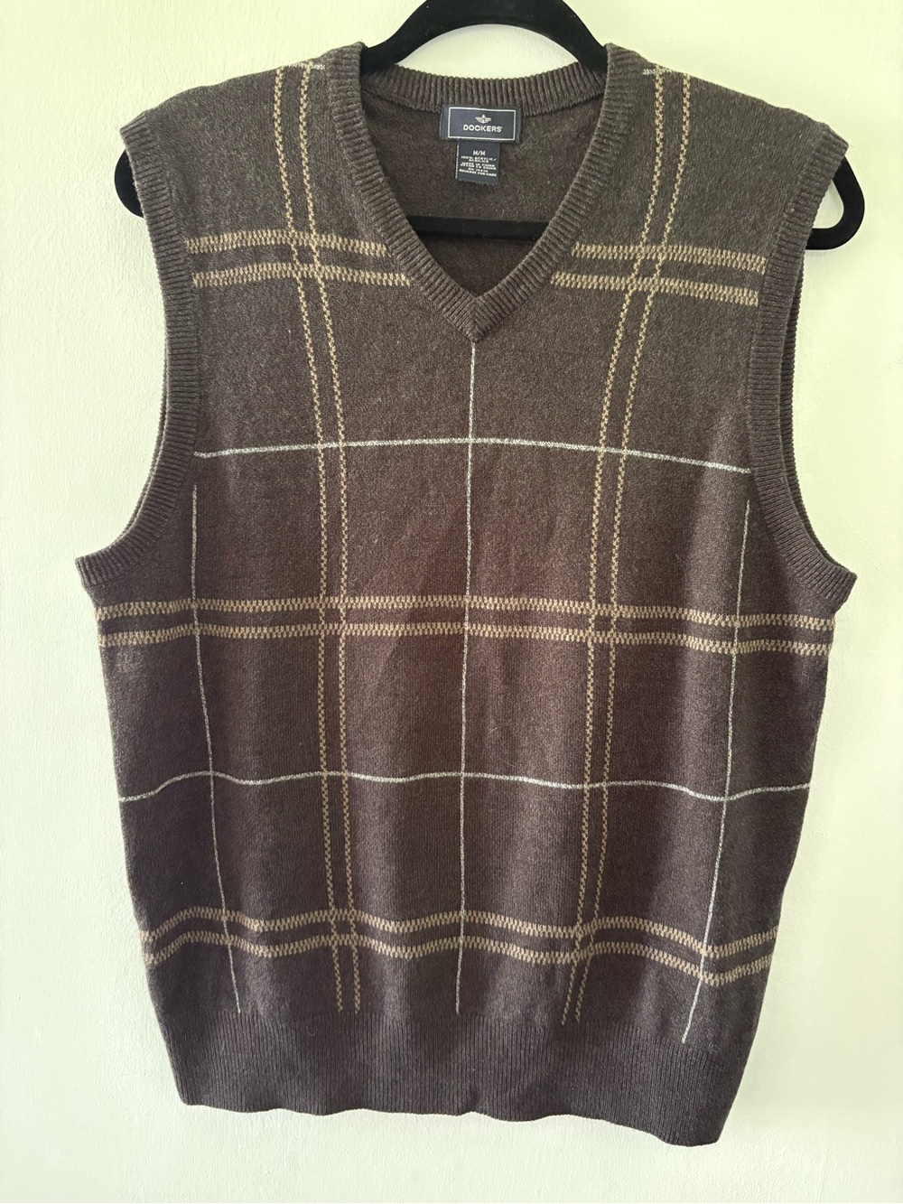 Dockers Brown Plaid V-Neck Sweater Vest with Tan Accents